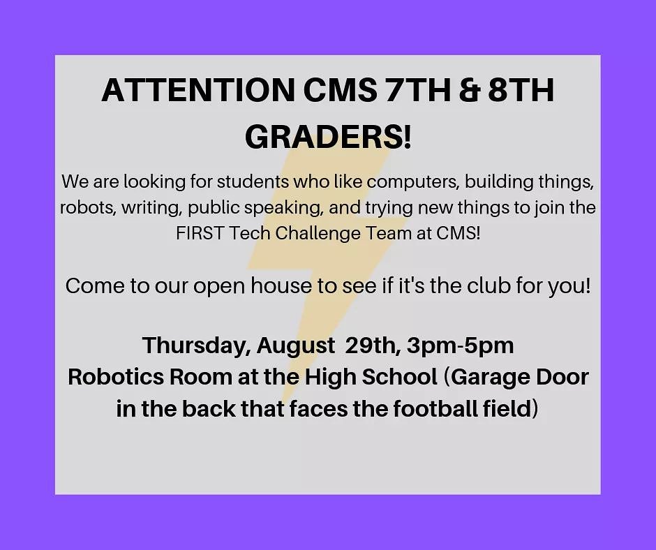 Lightning_Bots's tweet photo. We are bringing robotics to the middle school! Any interested 7th &amp; 8th graders should come to the open house! https://t.co/NpbSzAMxpP