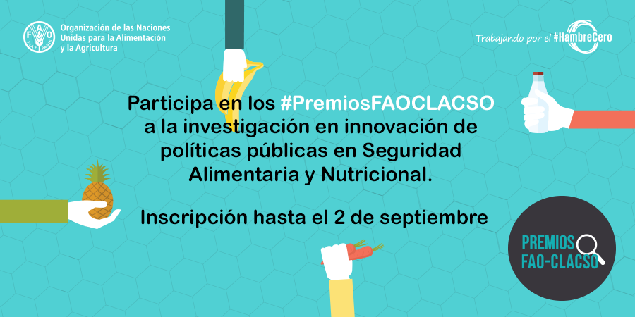 #PremiosFAOCLACSO para investigadores q innovan en #SeguridadAlimentaria y Nutricional, busca reconocer y visibilizar iniciativas académicas, difundiendo su trabajo para promover la acción pública integrada entre diversos actores 👉🏾  bit.ly/faoclacso19

@ODA_ALC @PesquisaPUJ