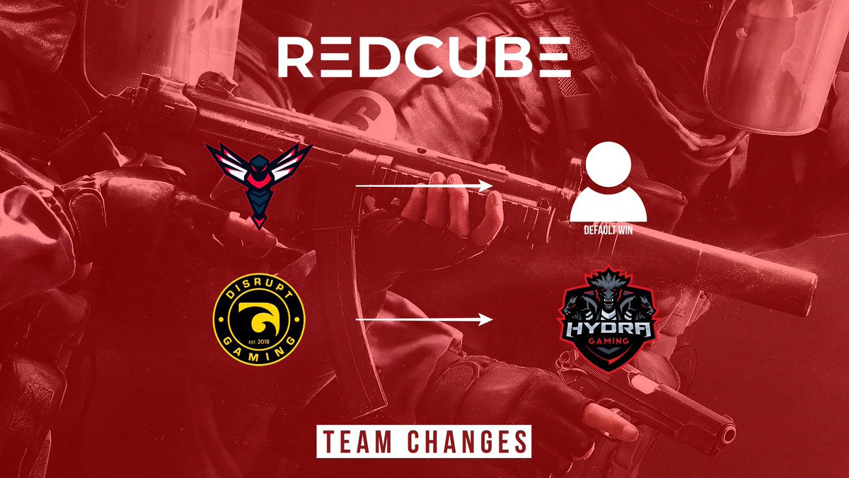 RedCubeGaming's tweet photo. ‼️ [ TEAM CHANGE ] ‼️

We have had a change of plans.

@HydraGG replace @DisruptGaming 
@i8eSports is a default win

All Schedules have been updated! https://t.co/WR29qtBWdv