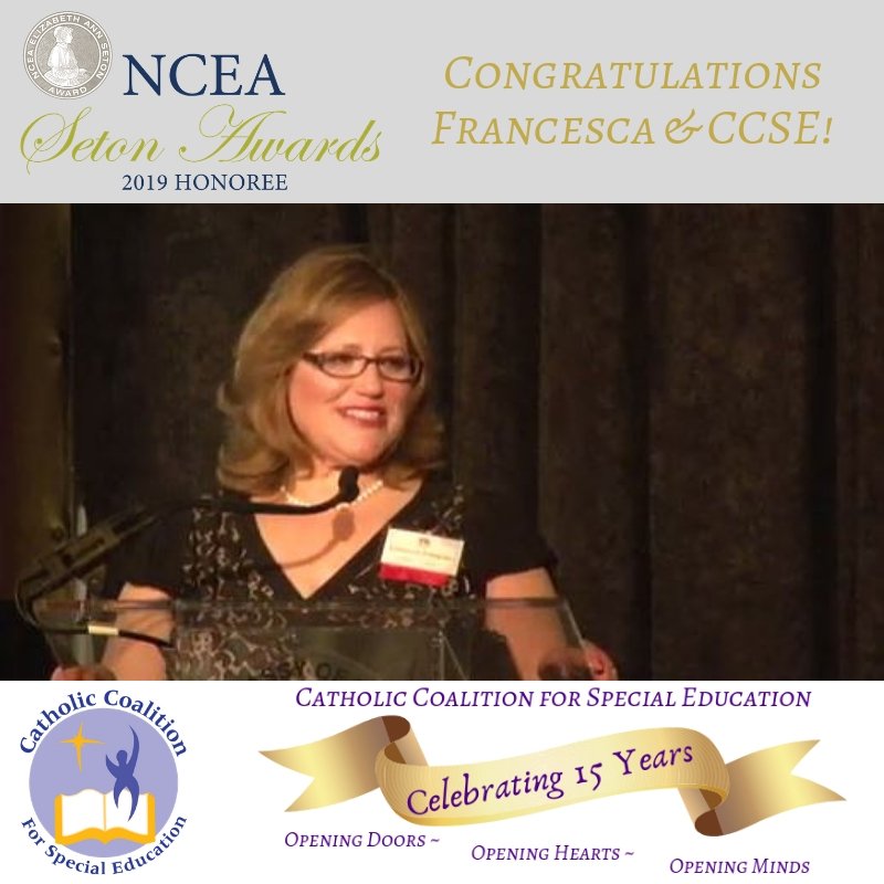 .<a href="/NCEATALK/">NCEA</a> honoring Francesca &amp; CCSE on 10/7 w Seton Award for exemplary service impacting #CatholicEducation. Honor Francesca w donation to CCSE &amp; help open more hearts, minds, doors: ccse.ejoinme.org/give. #InclusiveEducation in #CatholicSchools #BelieveInMe