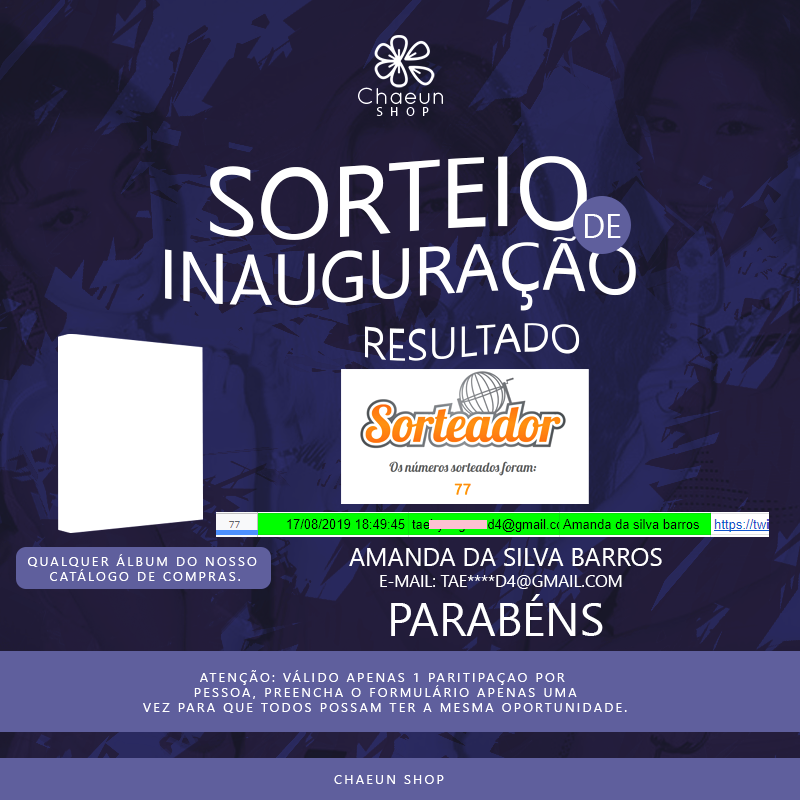 chaeunshop's tweet photo. [RESULTADO] Obrigada pela participação de todos!

- O ganhador tem ate 48h para chamar a loja na DM ou por e-mail.
- Entre em contato através do perfil que você marou seus amigos. 
- Em breve mais sorteios ♥
- Caso não chame no prazo faremos outro sorteio :) https://t.co/pA97v2R1FE