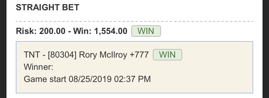 taketheplus's tweet photo. RORY!!!! ✅

A $400 pre-round bet at +777 nets $3,108!

(Note: I started my bet at $200 &amp; then ended up at $400. Reason why there is 3 slips)

#GamblingTwitter #PGA https://t.co/QmyjfnJzUE