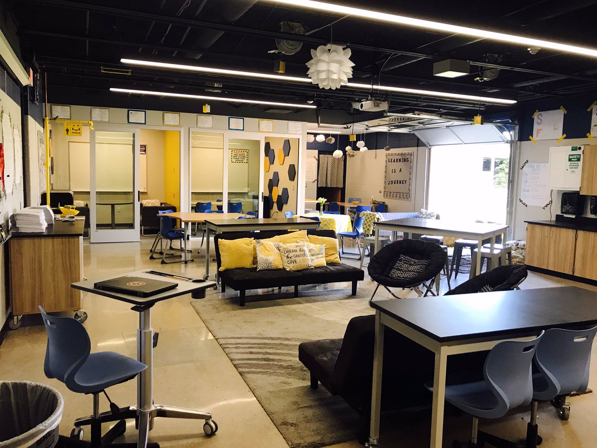 sciencedroehmer's tweet photo. Can you believe it’s the same room? 1st pic is my classroom in 2014 after @HornetPrincipal let me get a garage door. 2nd pic is from 2015 after I went all in next gen & reimagined my room. 3rd/4th are after renovating in 2019 with @SASMiddle What an evolution! #saslearningspaces https://t.co/VujznIi83d