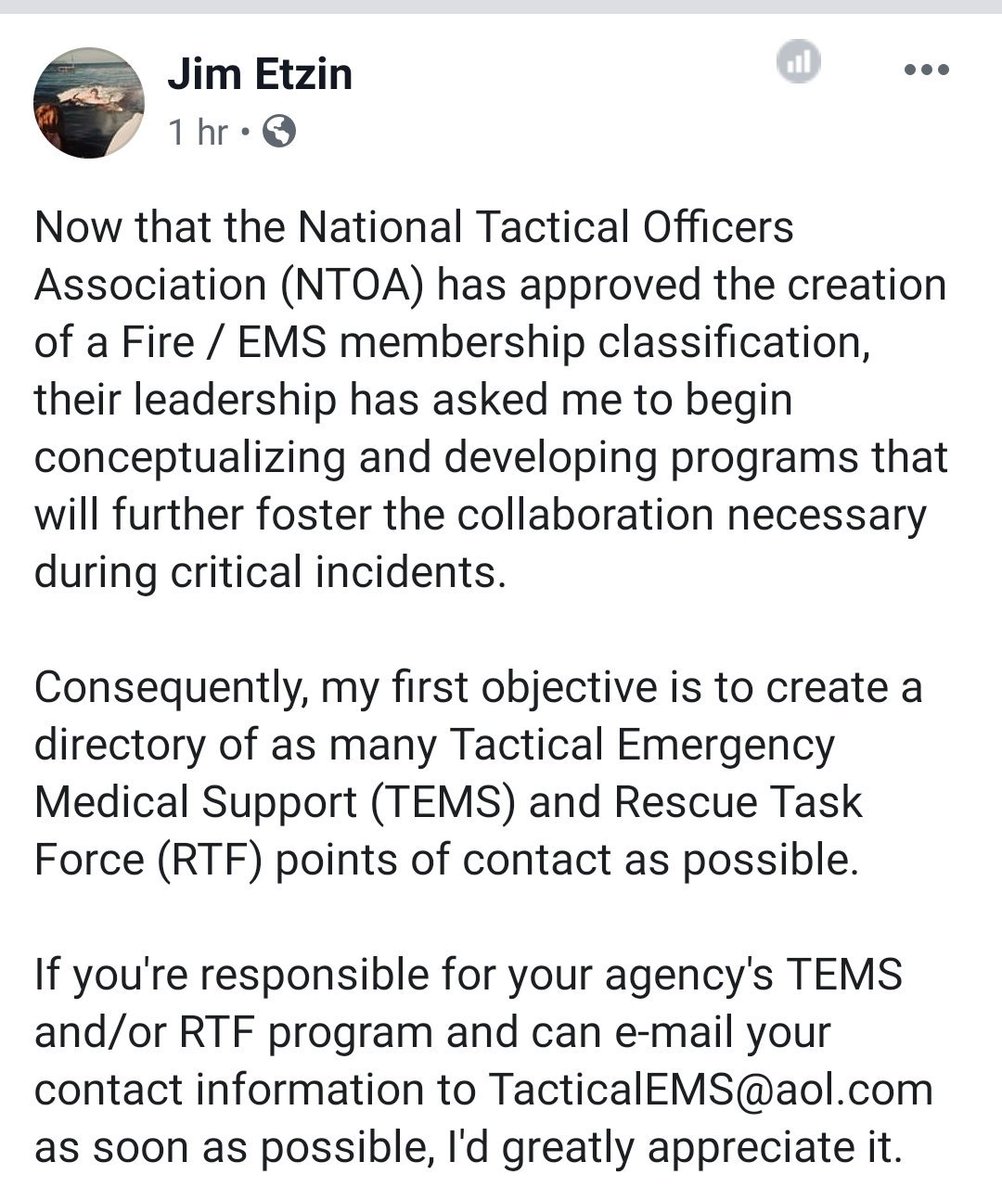 FLswattacmed's tweet photo. The National Tactical Officers Association has started a member for fire/EMS members. 
Jim Etzin is leading this for the NTOA and he is looking to gather info on team across the US. See the info to help him out. #nota #tecc #tccc #tacticalmedic #tacmed #swatmedic #ems #fire https://t.co/nhU168Brdm