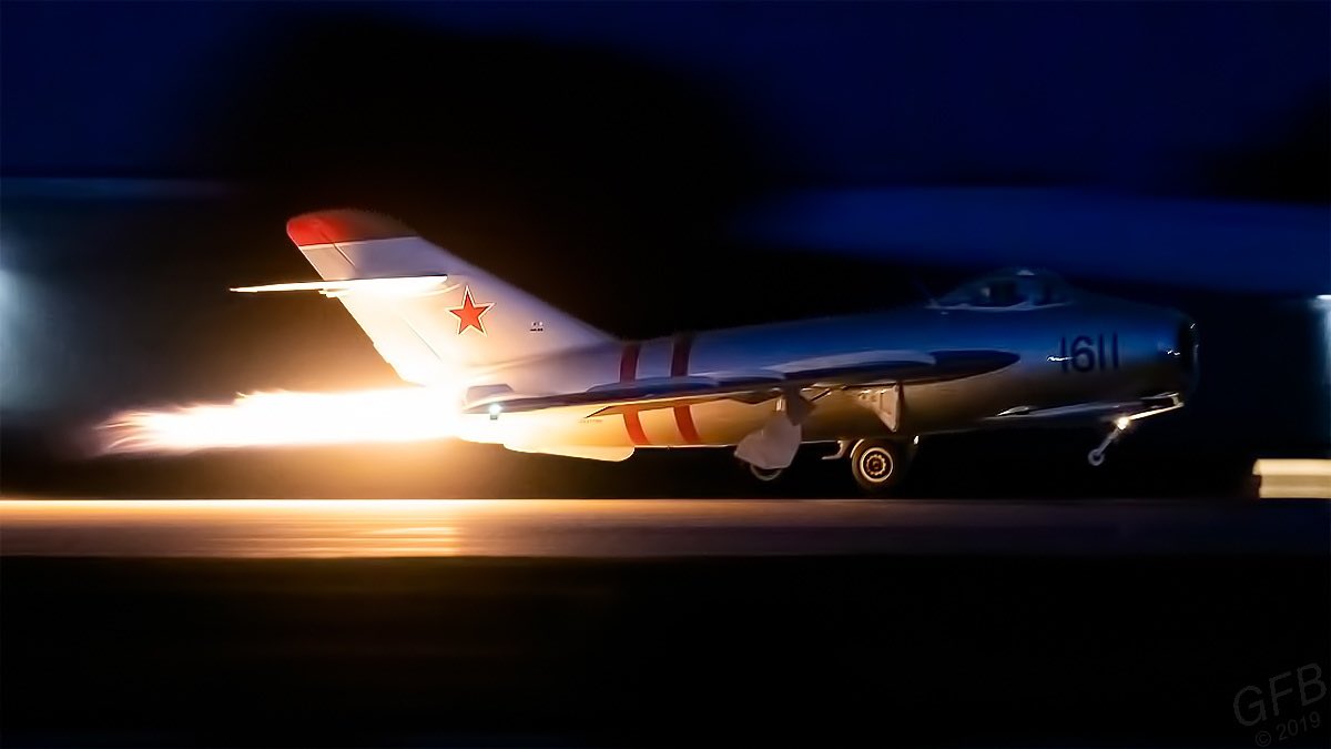 GFBAvPhoto's tweet photo. Randy Ball rotating off the runway for his night performance at Airventure. #RandyBall #osh19 #N217SH #MIG17 https://t.co/Z5KItll9E3