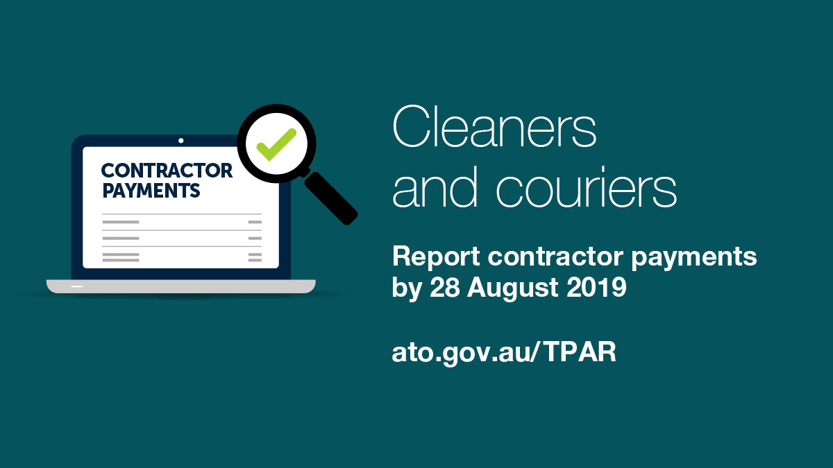 ASBFEO's tweet photo. Some #SmallBizAUS that provide cleaning or courier services must make their first taxable payments annual report #TPAR of 2018-19 contractor payments to the @ato_gov_au by this Wed 28 August 2019! Find out more by visiting https://t.co/zE773RwwoQ https://t.co/iEixa4IG2O