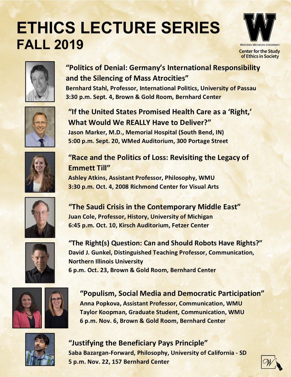 WMU_ETHICS's tweet photo. Explore the ethical world of robot rights, populism on social media, the politics of loss and denial, and so much more with #WMUEthics! https://t.co/DF51TuNVTP