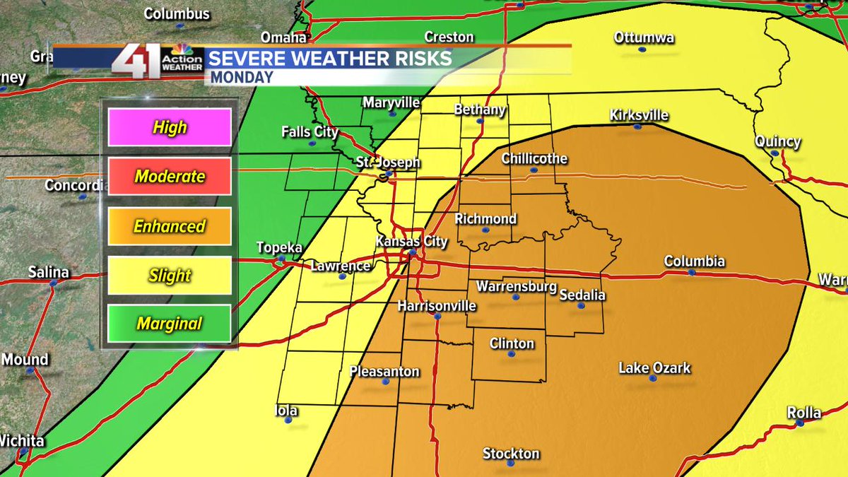 GerardJebaily's tweet photo. We will have a chance for severe thunderstorms Monday afternoon-evening. Large hail &amp; damaging winds possible as storms will develop &amp; quickly move East/South East. Cooler air will move in behind &amp; lows will drop to the 50s by Tuesday morning. #MOWX #KSWX https://t.co/sd4UN8IdIr