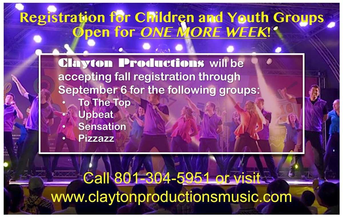 School has begun and so the deadlines for fall after-school opportunities are coming up quickly!  We are extending our registration for youth ages 4-15 one more week.  Call: 801-304-5951 or go to claytonproductionsmusic.com