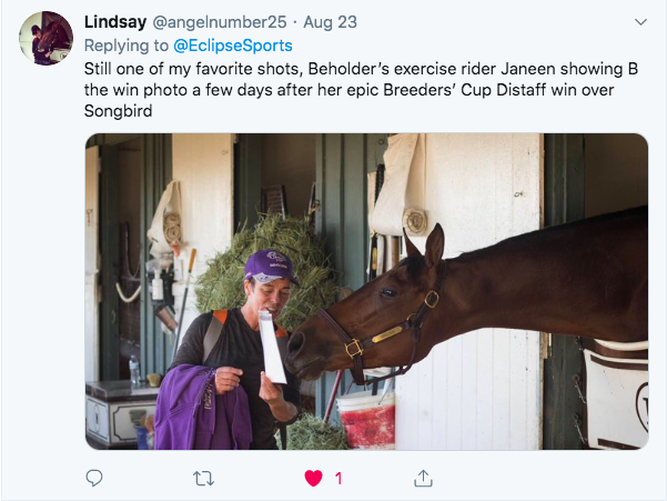 EclipseSports's tweet photo. The #winner of the #FanFriday contest is Lindsay @angelnumber25 for her photo of #Beholder and Janeen looking at her win photo over #Songbird in the 2016 @Longines @breederscup Distaff. Lindsay, please DM us your address for your #Travers150 souvenir program. Congratulations! https://t.co/LUL0WnuNvB