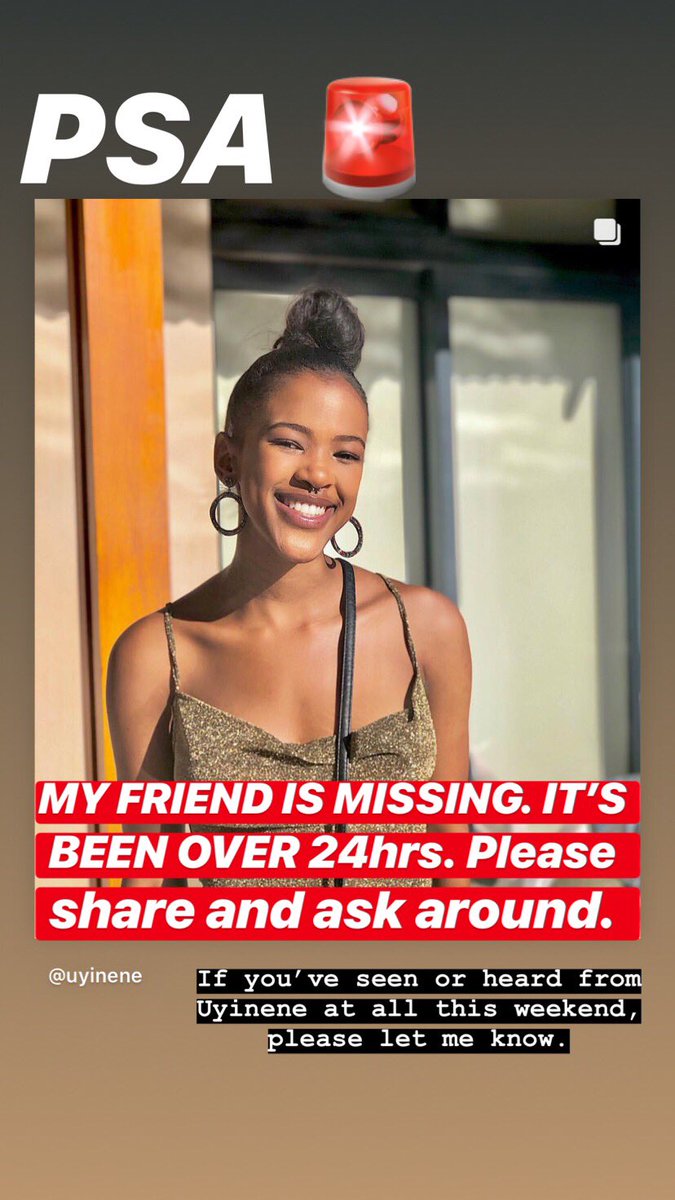Please share and ask around!! Uyinene was last seen on Saturday afternoon. If you know ANYTHING, let me know.