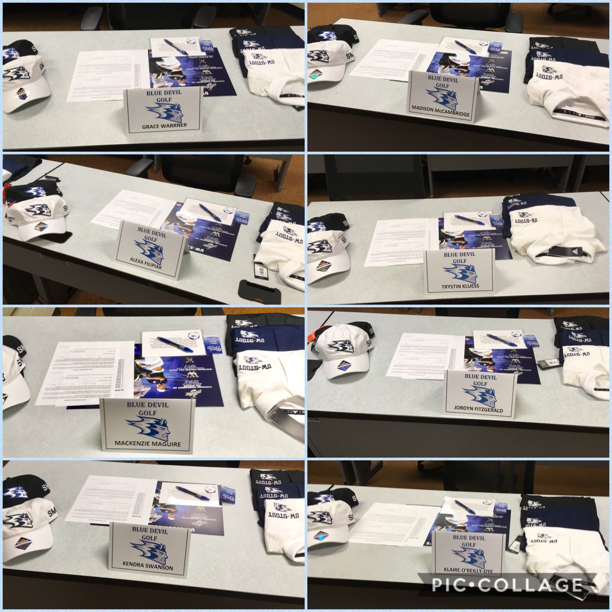 StoutWGolf's tweet photo. From earlier today ... Coach Howie making like Oprah. YOU get a shirt and YOU get a shirt and YOU get a shirt and ... well, you get the idea. Team meeting day always comes with a few goodies! #BleedBlue #TheStoutWay https://t.co/3Rp1wCOQgX