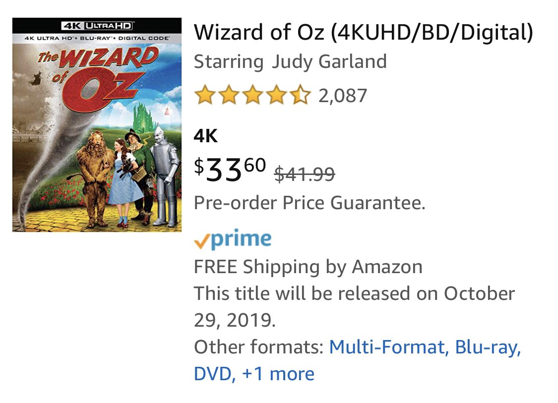 HighDefDiscNews's tweet photo. UPDATE: #DEAL THE WIZARD OF OZ on 4K UHD Blu-ray, coming 10/29, has now dropped in price over at Amazon for its preorder. See for yourself. #4K #TheWizardOz - Link : https://t.co/Q6cDytAf3w https://t.co/evwdptFfMs