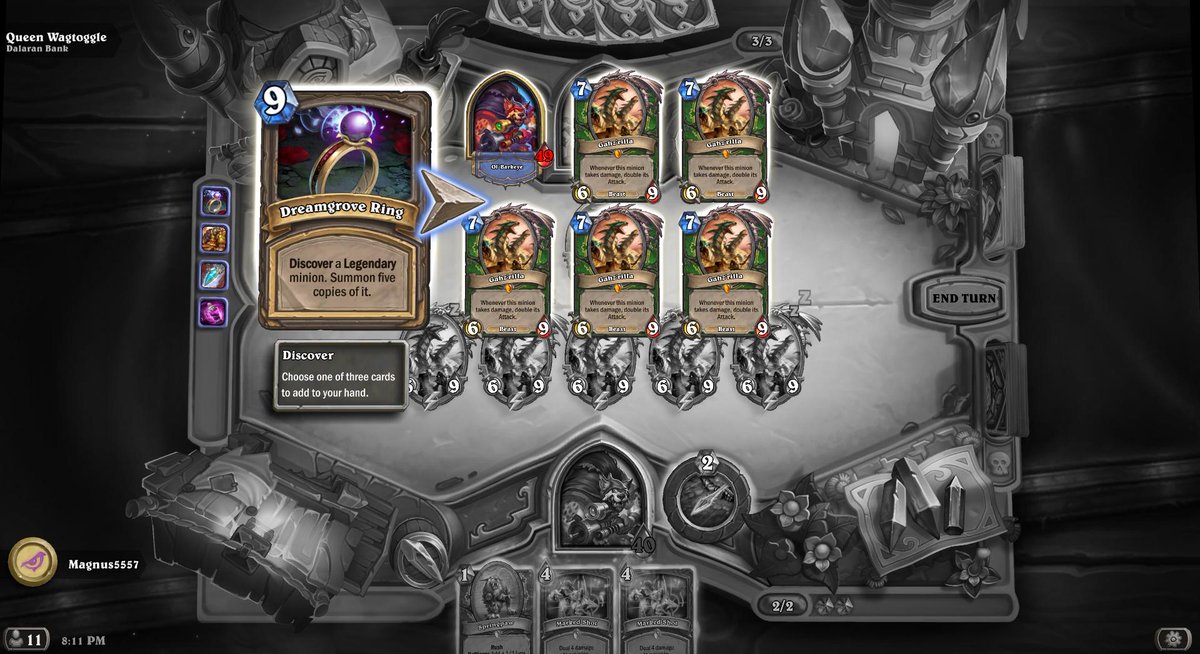 EvanOnEarth_eth's tweet photo. I forgot to post how I pulled this off. The trick is having the buff that lets you pay for spells with health instead of mana, and then playing Dreamgrove Ring turn 1 lol

#Hearthstone #rekt https://t.co/eRjhSEuva3