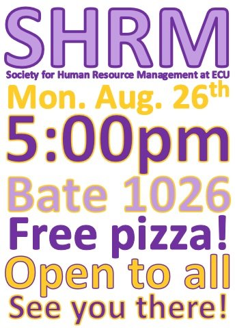 SHRMECU's tweet photo. Join us tomorrow for free pizza and the kick-off to another great year! @ECUCOB @ECUGradSchool @EastCarolina @ECUProfessor @ECU_SAB https://t.co/V8sa9R8wnV