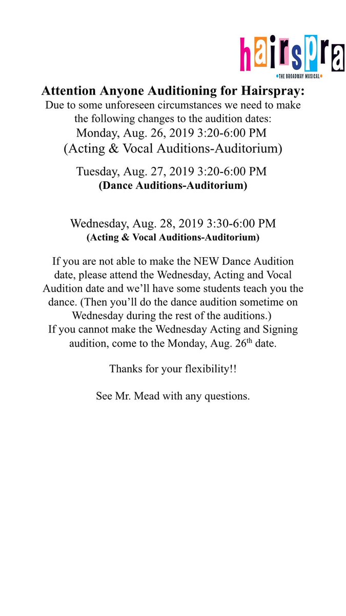 OnlineCallBoard's tweet photo. Important information about Hairspray auditions this week! https://t.co/DpkfxbkcH0