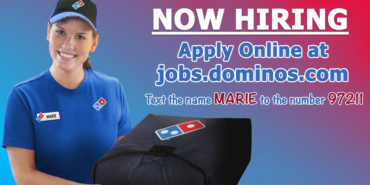 Domino's is hiring ! 🍕 
Flex hours ,room for advancement and pizza discounts!
Simply TEXT ''Marie'' to 97211
OR apply online at jobs.dominos.com
#dominos #nowhiring