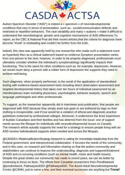 AllianceAutism's tweet photo. Please read & #rt our statement on @JAMAPsych article regarding #Autism & diagnostic changes in effect size. #CASDA #NationalAutismStrategy #canpoli #ASD #Canadavotes2019 #autismresearch #autisticcanadians #Federalcommittment #NASCommitment https://t.co/QDmaobwQZy