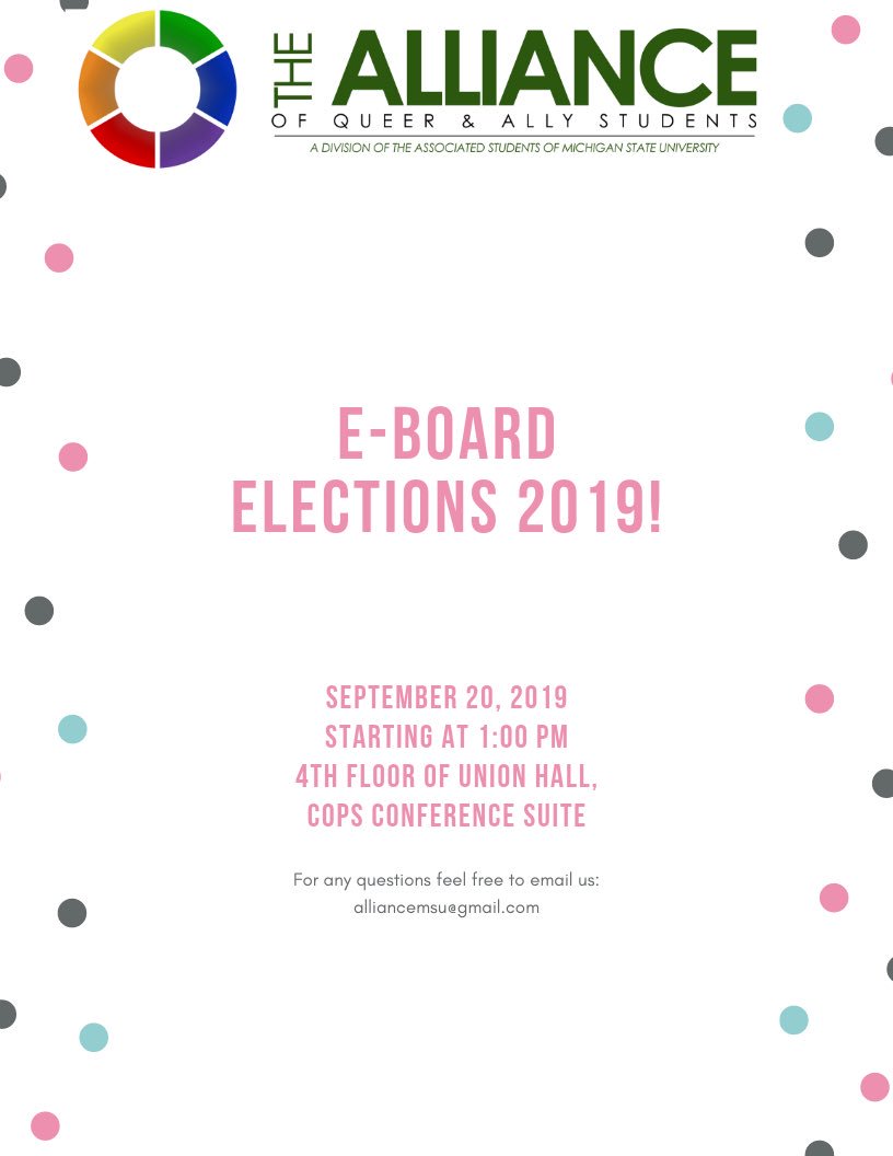 AllianceMSU (@alliancemsu) on Twitter photo Welcome back Spartans! We’re holding E-board elections on September 20th! We hope to see y’all there! forms.gle/UQN8Str7LfVfFW… Welcome back Spartans! We’re holding E-board elections on September 20th! We hope to see y’all there! forms.gle/UQN8Str7LfVfFW…