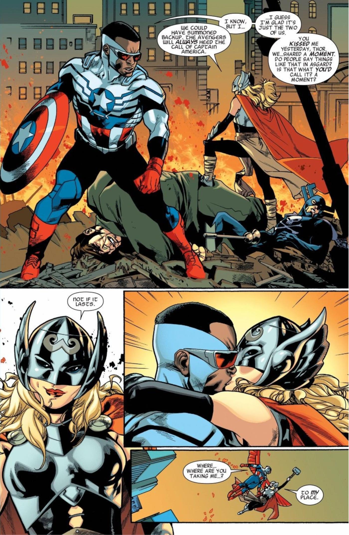 Eve Keneinan 𝛗☦️ن on X: "One moment of peak Marvel wokeness. Female Thor  kisses black Captain America and then grabs him to take him home,  presumably to bang him. https://t.co/6X24xSxbfn" / X