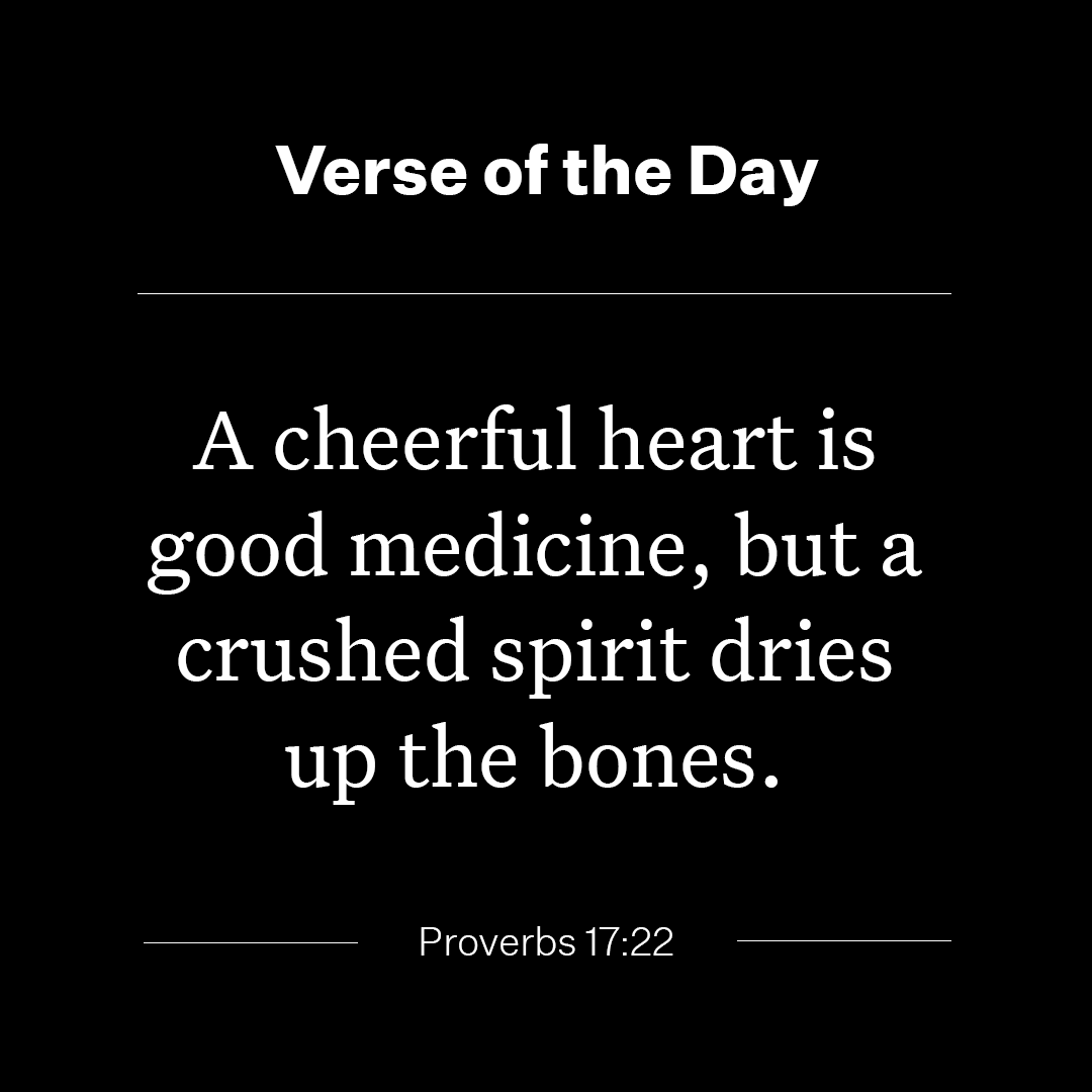 YouVersion's tweet photo. A cheerful heart is good medicine, but a crushed spirit dries up the bones. - Proverbs 17:22 https://t.co/oz7G2F8OEN