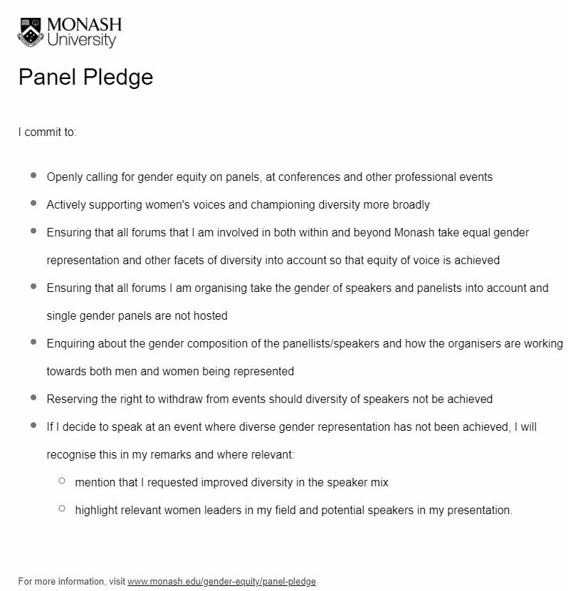 I am proud to be a part of an organisation which encourages all employees to take a #panelpledge, an initiative to advance #GenderEquity and foster greater #diversity on panels, at conferences, in forums and at other events.

This is what the pledge looks like.