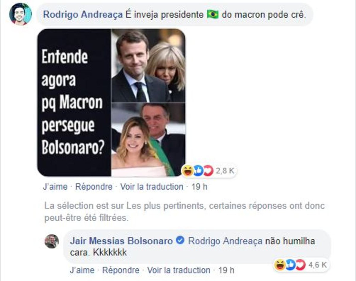 Le commentaire de ce partisan de <a href="/jairbolsonaro/">Jair M. Bolsonaro</a> #RodrigoAndreaca sur <a href="/facebook/">Facebook</a> est tout simple insultant pour le Président <a href="/EmmanuelMacron/">Emmanuel Macron</a> et son épouse Madame Brigitte #Macron 
#calabocabolsonaro