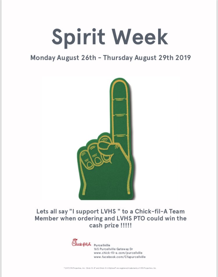 LVHS STUDENT COUNCIL (@lvhssca) on Twitter photo Chick-fil-A spirit week starts TOMORROW. Go to Chick-fil-a and tell them you support LVHS! <a href="/lvhs_pto/">LVHS PTO</a> <a href="/LVHS_Jungle/">The Jungle</a> <a href="/SRoss_LVHS_Prin/">Susan Ross, Ed.D.</a> Chick-fil-A spirit week starts TOMORROW. Go to Chick-fil-a and tell them you support LVHS! <a href="/lvhs_pto/">LVHS PTO</a> <a href="/LVHS_Jungle/">The Jungle</a> <a href="/SRoss_LVHS_Prin/">Susan Ross, Ed.D.</a>