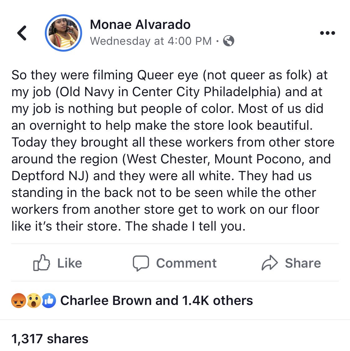 DoriansDemon's tweet photo. #OldNavy forced POC workers from the floor and kept them out of sight for a #QueerEye taping. They spent all night preparing the store, only to be told to sit in the back during filming the next day.  @QueerEye @OldNavy @netflix  #racism #Discrimination #Hollywood #Netflix https://t.co/xGcEBnJLF4