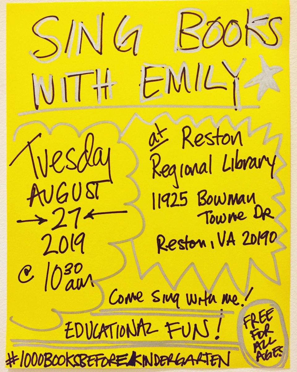 SingBooksEmily's tweet photo. SING BOOKS WITH EMILY
Tuesday, August 27, 2019
10:30-11am
Reston Regional Library
11925 Bowman Towne Dr.
Reston, VA 20190
Free musical edutainment fun for all ages!
#RestonRegionalLibrary
@LoveBooksReston https://t.co/J3gLhZQ6TE