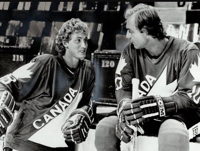 Super70sSports's tweet photo. Guy Lafleur enjoys a special family moment on Father/Daughter Night - hang on, goddamnit, being told that’s just Wayne Gretzky with a perm. https://t.co/inLiROqE2I