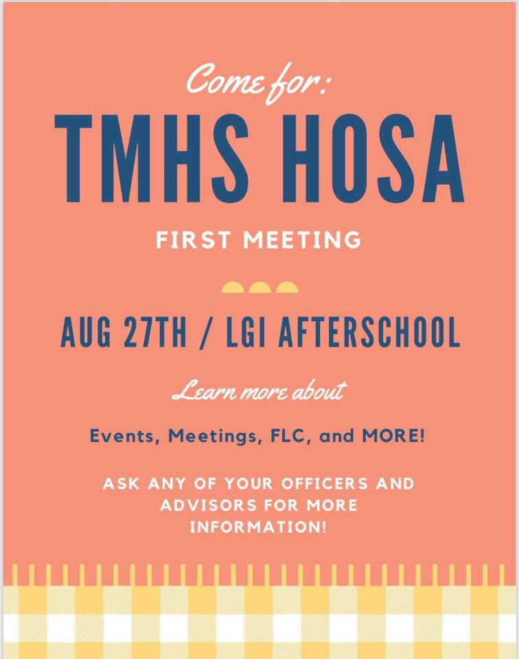 TMHS_HOSA's tweet photo. Be sure to come out to HOSAS first meeting!! This Tuesday!!! https://t.co/HZ3k6cysGR