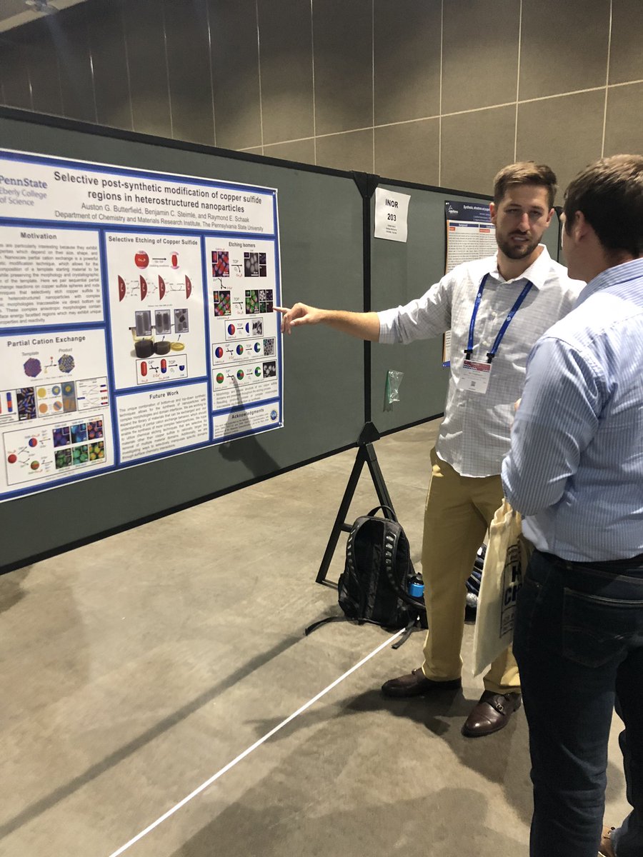 Schaak group members <a href="/AlbertJDarling/">Albert Darling</a> <a href="/RobertWLord/">Robert Lord</a> <a href="/LT_Alameda/">Lucas Alameda</a> @AButterfield21 discussing their research at #ACSSanDiego <a href="/psu_chemistry/">Penn State Chemistry</a>