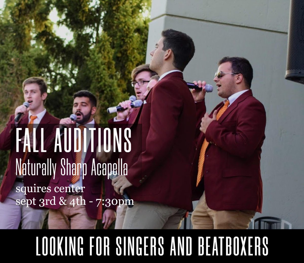 VTNattySharp's tweet image. 🚨 9 DAYS UNTIL AUDITIONS!!

Love music? Want to sing? Beatbox? Perform? 

Naturally Sharp's FALL AUDITIONS are coming this September 3rd and 4th at the Squires Student Center! 

Find more information here: instagram.com/p/B1nDtSNHBrr/…