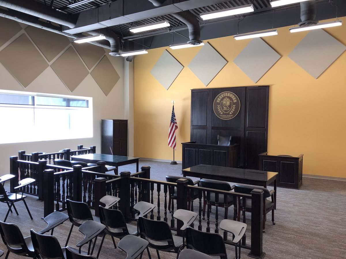 PrestonwoodPCA's tweet photo. Welcome to our beautiful brand new Mock Trial practice courtroom — part of the @EquipPca building renovation! Our top-notch Legal Lions will be even more prepared after practicing in their own court. #mocktrial https://t.co/sLC7rK5UrN