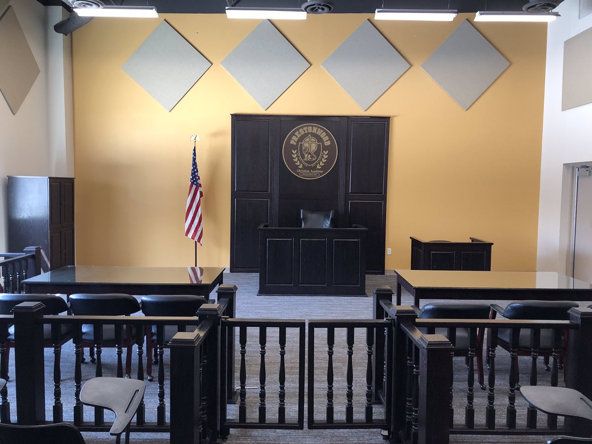 PrestonwoodPCA's tweet photo. Welcome to our beautiful brand new Mock Trial practice courtroom — part of the @EquipPca building renovation! Our top-notch Legal Lions will be even more prepared after practicing in their own court. #mocktrial https://t.co/sLC7rK5UrN