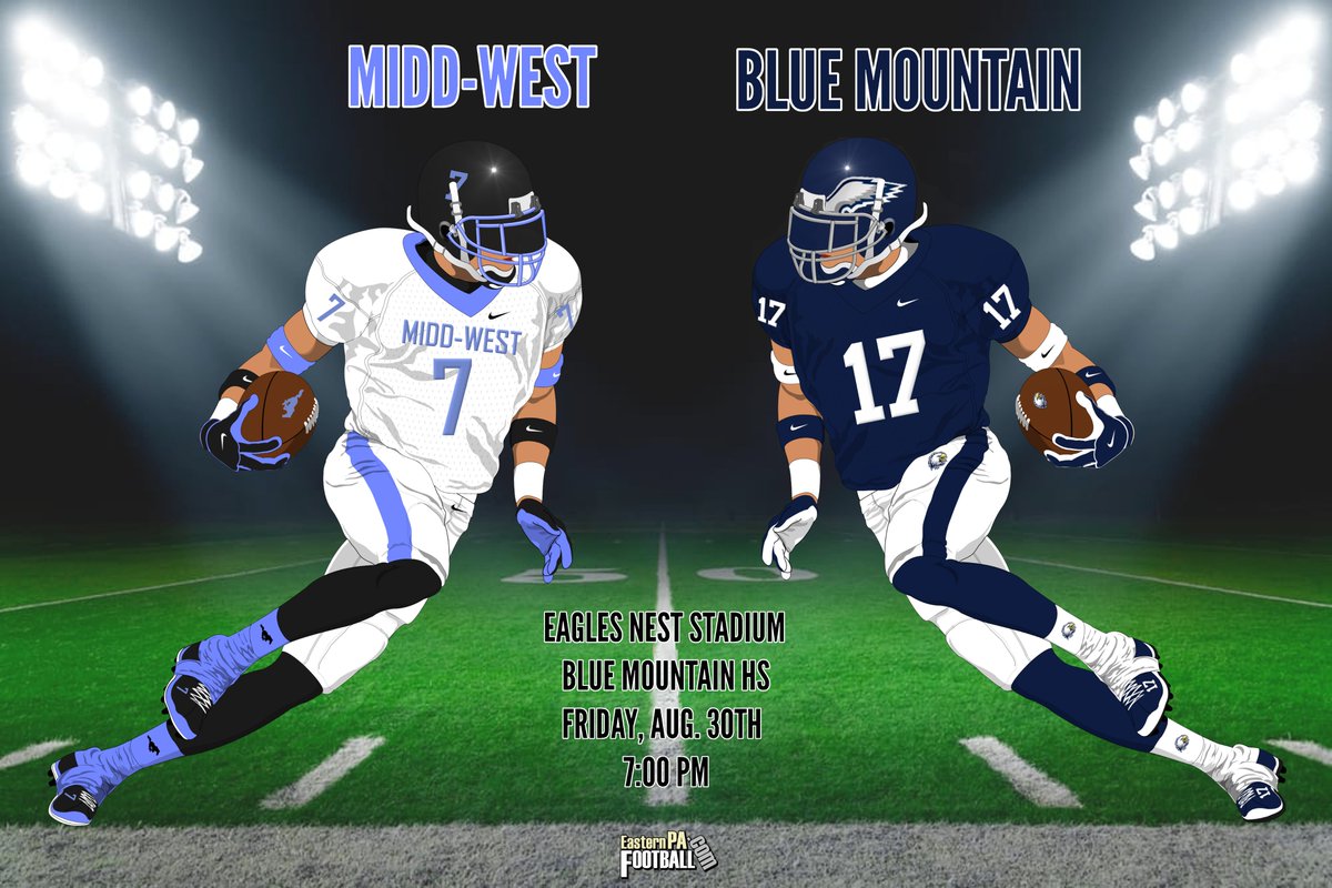 D-4/11 <a href="/EPAFootball/">EasternPAFootball</a> early season match up. <a href="/west_midd/">Midd-West Mustangs Football</a>
at <a href="/BMSD_Football/">Blue Mountain Football</a>
Friday at Blue Moutain HS,  7PM.
@BMSDAthletic <a href="/coachshiff/">Dave Shiffer</a> <a href="/BMEFootball/">Blue Mountain Eagles</a>  
@JasonDe64251007 <a href="/MiddWestFB/">Midd-West Football</a>