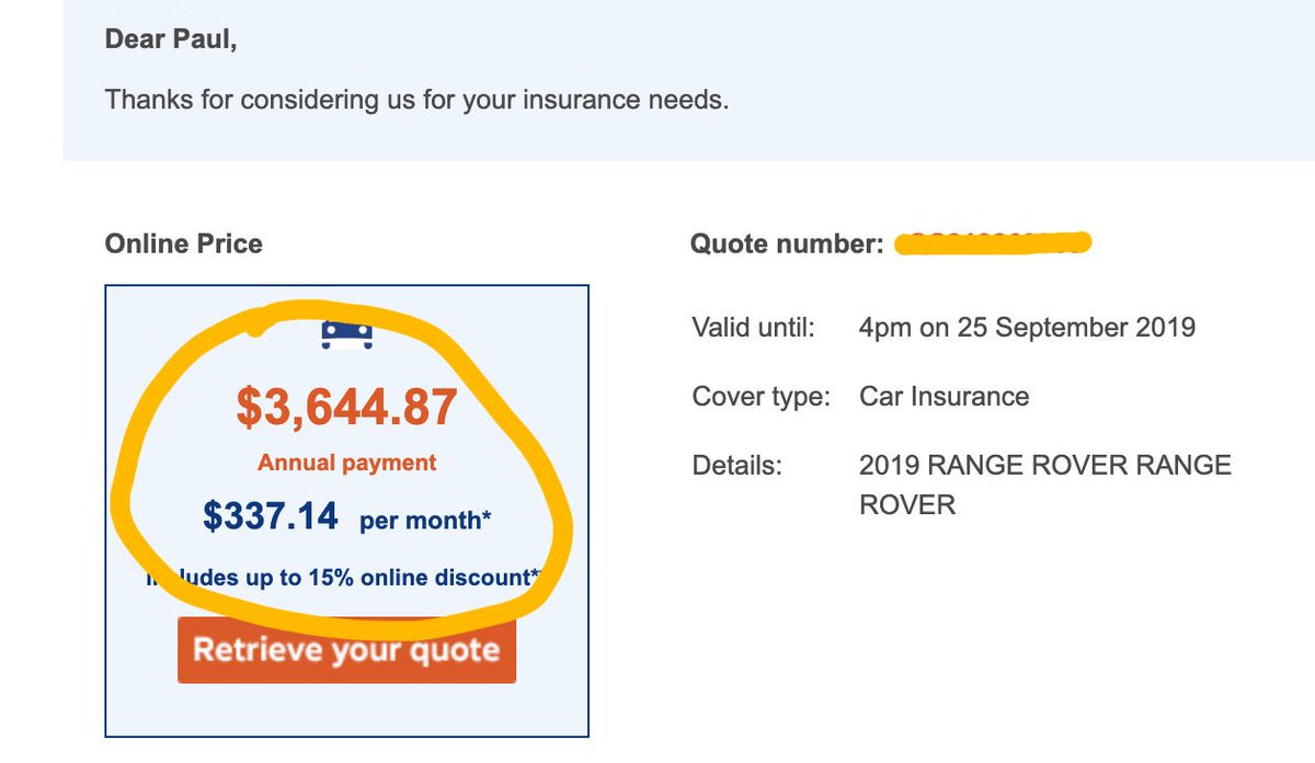 Be careful if you plan on buying a Tesla! The quotes I've seen are astronomical! In fact, it's cheaper to insure (by almost 50%) a $270,000 Range Rover than it is a $90k Model 3. Quotes below are for 30+ y.o. with secure overnight parking and mileage cap. $5599/y v $3644/y https://t.co/rigPA6rkuV