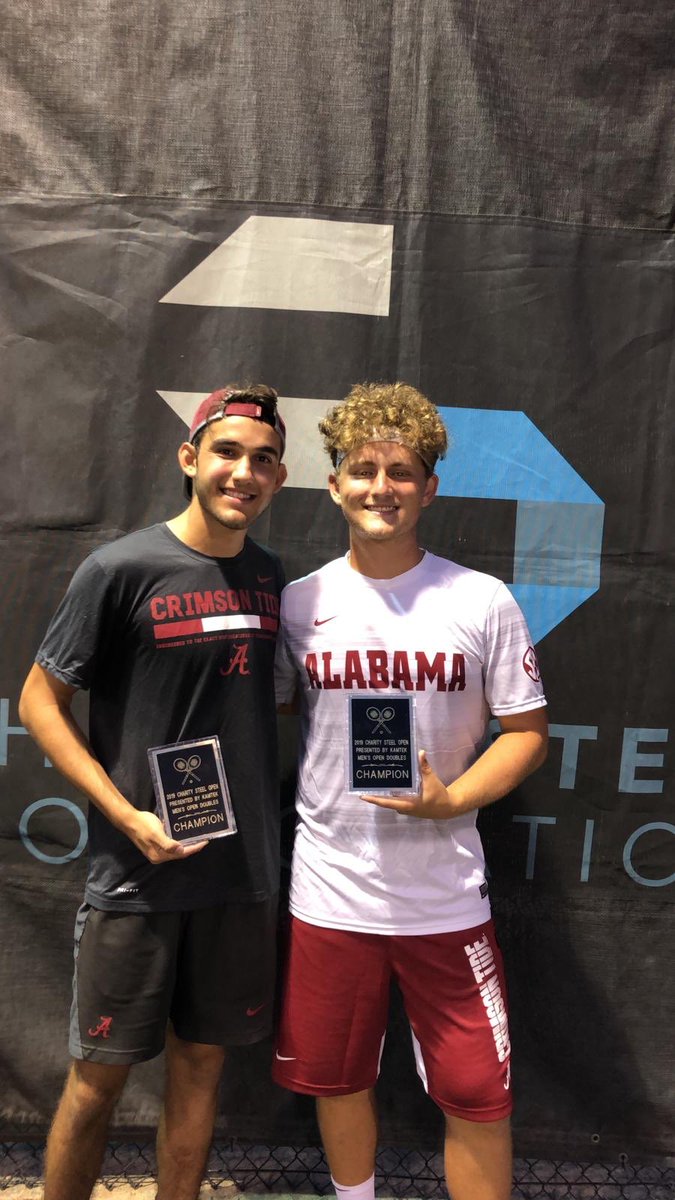 UACoachHusack's tweet photo. Roll Tide #TeamFreshmen Marcelo and @AviShugar @AlabamaMTN for grabbing the doubles title over former Vols & 2019 NCAA Dubs SF at the Charity Steel Open @greystonegcc #SunHeatThunderLightningRain #ImproviseAdaptOvercome #ThatsBama https://t.co/a7wdOhhzLK