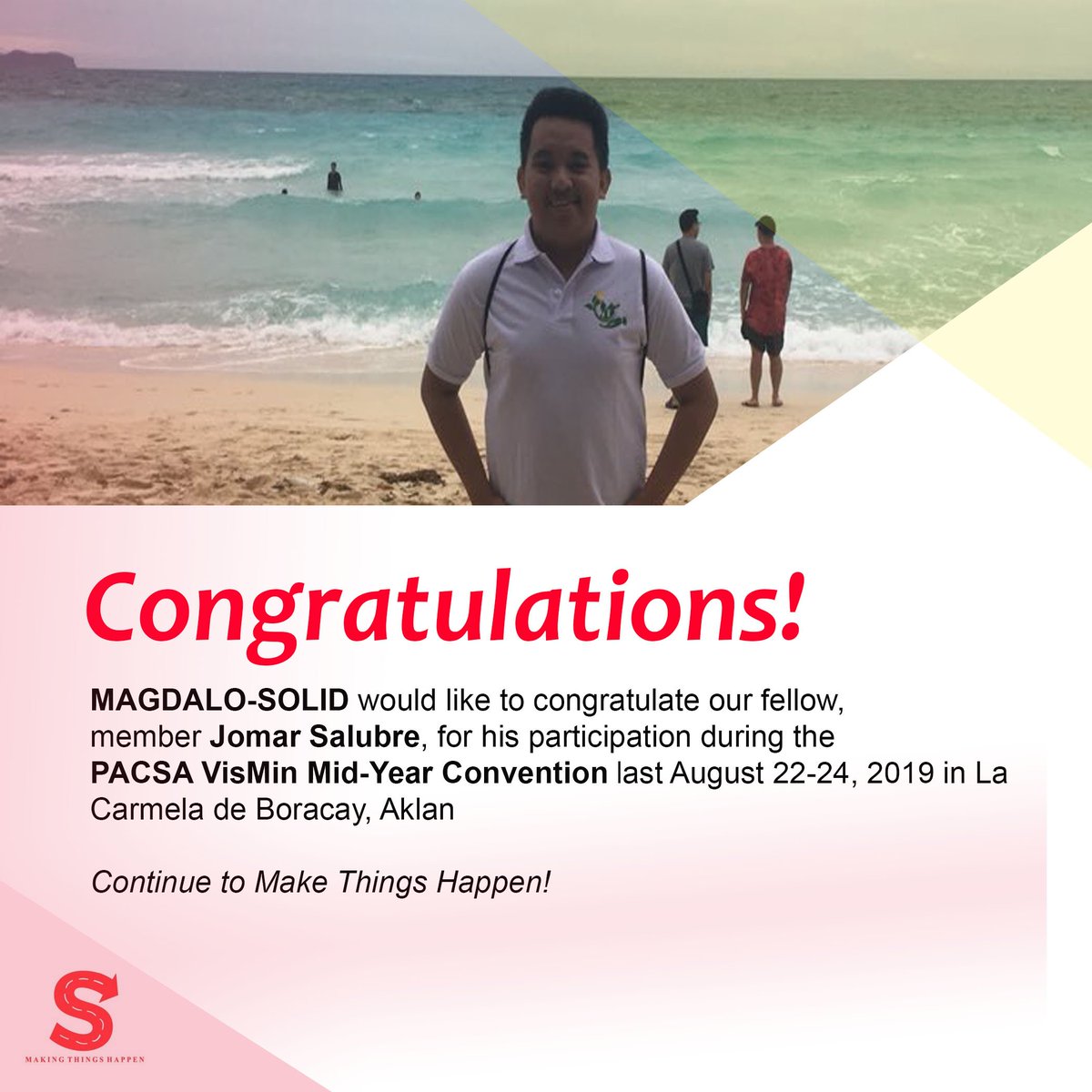 MagdaloSOLID's tweet photo. We congratulate our fellow member Jomar C. Salubre, a 2nd year Pharmacy student, for being a delegate in the PACSA MidYear Convention last August 22-29, 2019 in La Carmela de Boracay. 

Continue to make things happen! ❤💛
#tatakSOLID 
#SLD16 https://t.co/gG9nwPHtZk