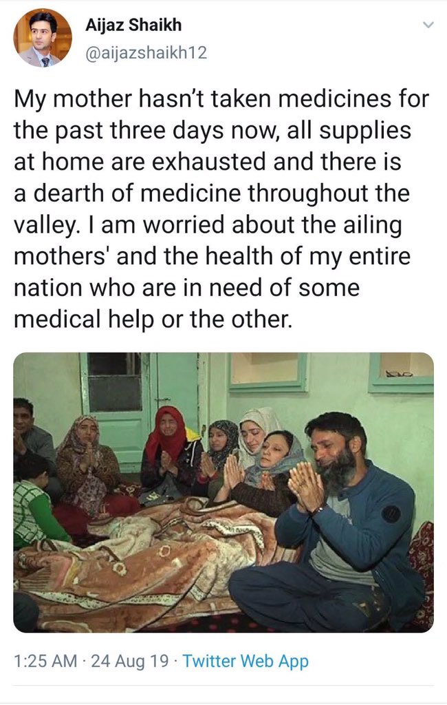 majorgauravarya's tweet photo. Another one of @OfficialDGISPR’s e-Jihadis bites the dust.

Pic 1: e-Jihadi says his mother hasn’t taken medicine for 3 days due to medicine shortage in Kashmir👉24 Aug 2019

Pic 2: Reality. Kashmiri mother asking son to shun terrorism👉4 November 2018.

Substandard Pak IW. https://t.co/1MN9Hl1LW8
