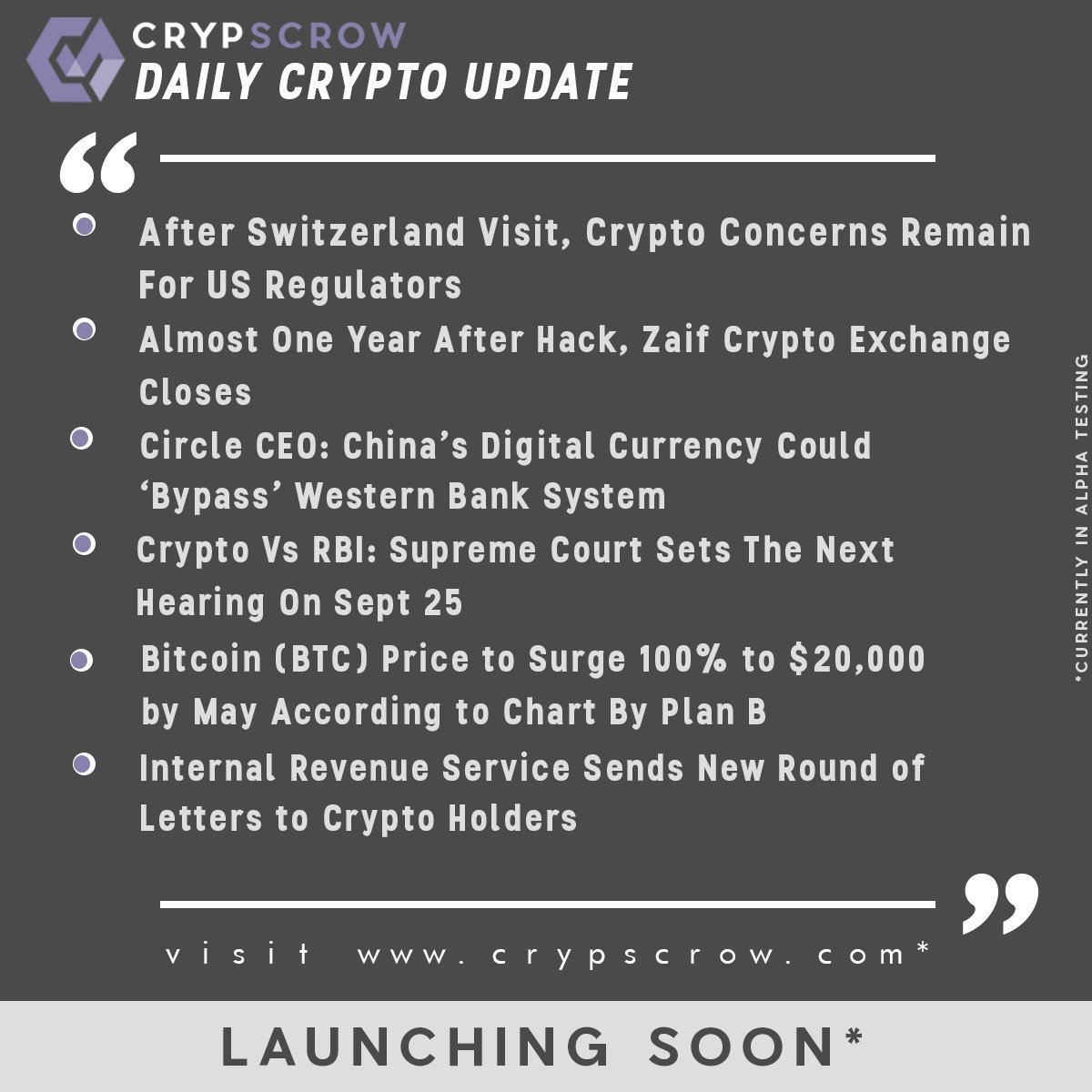 CrypScrow's tweet photo. #dailycryptoupdate #cryptonews #crypscrow #switzerland #crypto #concern #usregulators #japaneseexchange #zaif #shuts #posthack #circleceo #china #digitalcurrency #bypass #westernbanks #rbi #hearing #btc #surge #may2020 #irs #notice #cryptoholders https://t.co/Q7v96Xqwsr