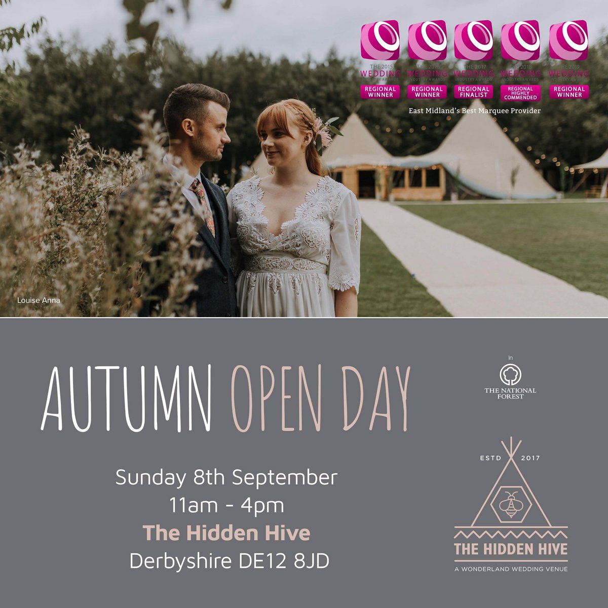 SAVE THE DATE!

#Gettingmarried or know someone that is? Here's an event to get your Autumn #WeddingPlanning Adventure's on!

Sun 8th Sept, 11am - 4pm!
Click for FREE tickets 
bit.ly/PTAOD19

#HHAOD19 #AutumnOpenDay #TipiOpenDay #TheHiddenHive #Derbyshire #Peaktipis #WWV