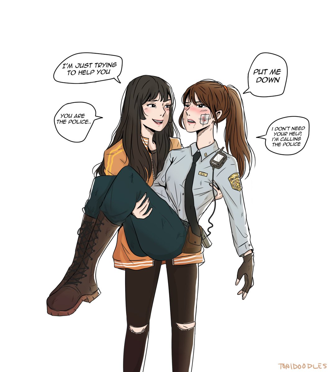 'you really are serious when it comes to your job mitang, but you still need to be careful 💕' base on @thiccmomos ' police!mina x troublemaker!momo au hehe #mimo