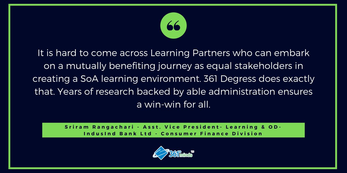 361dm's tweet photo. We understand how critical building #trust is, when we hear from our satisfied clients. Here's what @sriramacharya from @MyIndusIndBank had to say about our #digitallearning product. @sciofL @ajayreach @rujuta_r @tanwar_shweta @saisumanth #feedback #361DM #361learning https://t.co/38qznsPOQU