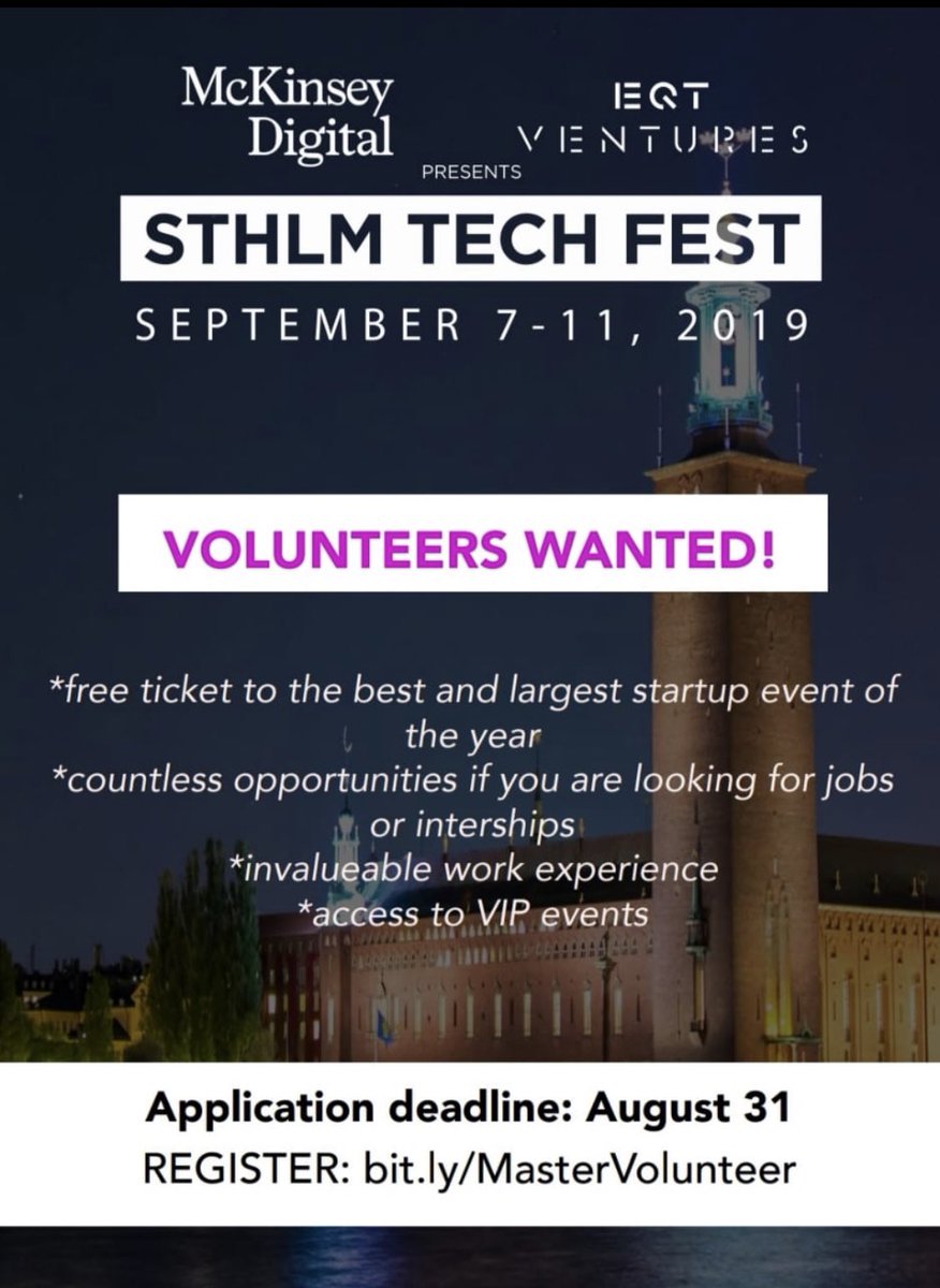 Sweden’s largest tech event of year is looking for people to join the volunteering team - heart and soul of the event. Invaluable experience, free ticket to all the events, amazing team. Apply! bit.ly/MasterVolunteer #sthlmtech