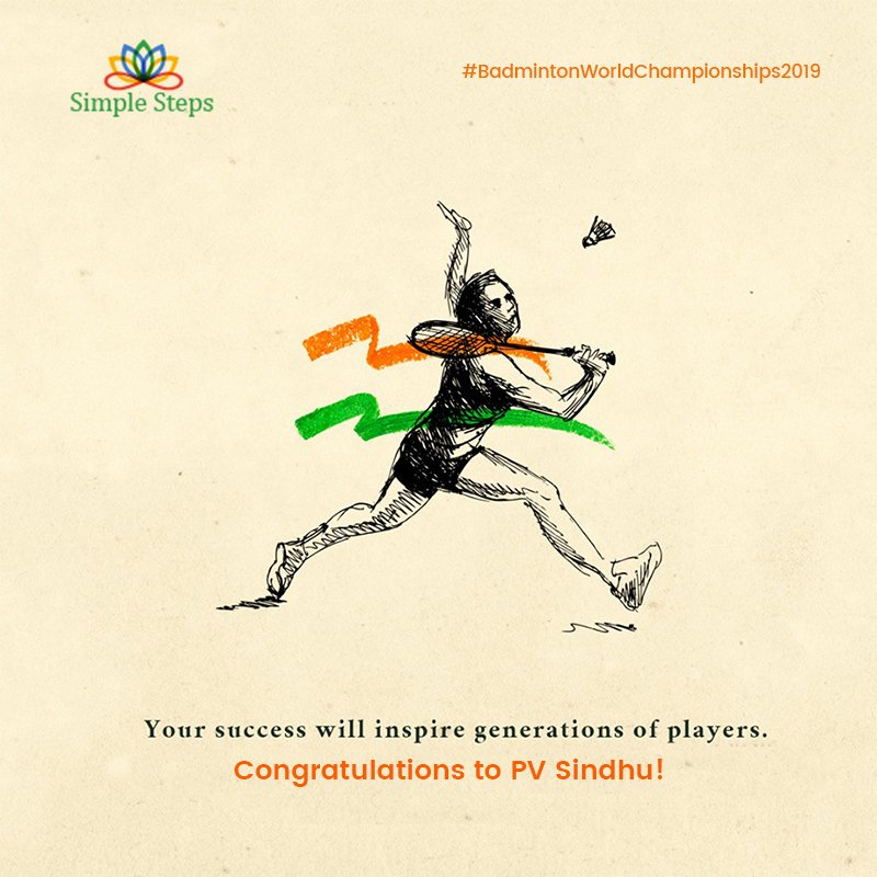SimpleSteps4's tweet photo. Indelible moment to celebrate. Breaking records and creating history! Congratulations #pvsindhu on the amazing performance and on becoming the 1st Indian ever to win BWF world championship! 
#BadmintonWorldChampionship #BWFWC2019 #BWFWorldChampionship2019 https://t.co/hfjPhEryxw
