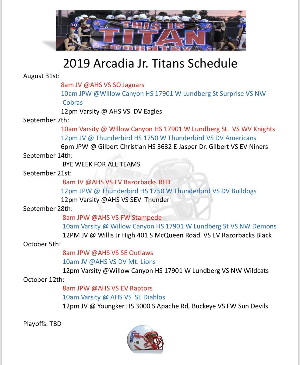CoachSanders85's tweet photo. 2019 Schedule hot off the press for our Junior Titans! #TitanUp #BuildingTheA #JrTitans #FutureAHS https://t.co/eWKAL3ncEj
