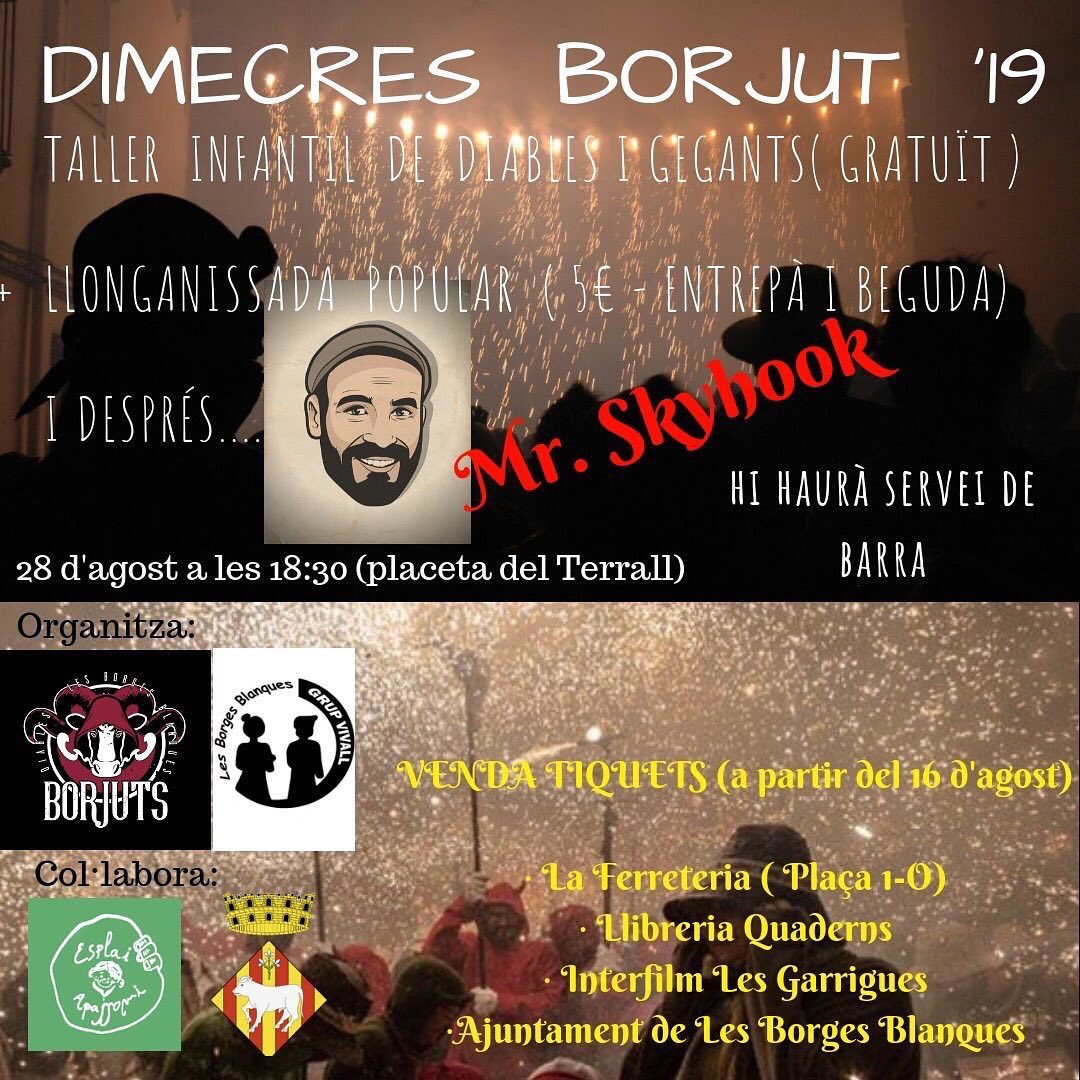Diables_Borjuts's tweet photo. I ja tornem a tenir aquí el #dimecresborjut 2019. ✍🏻 Anoteu: Dimecres, 28 d’agost a les 18:30 al Terrall.
#borjuts #diablesborjuts #diablesborgesblanques https://t.co/UspLii0Z52
