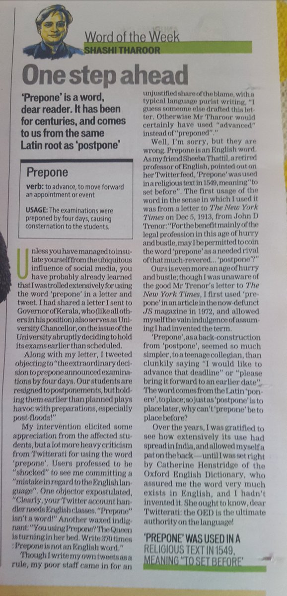 AleenaUdas's tweet photo. Thank you sir for validating the very existence and the usage of the word 'Prepone'. Always wondered whether I used the right word ..#ShashiTharoor #wordusage #prepone https://t.co/ZJ53GvCM3u